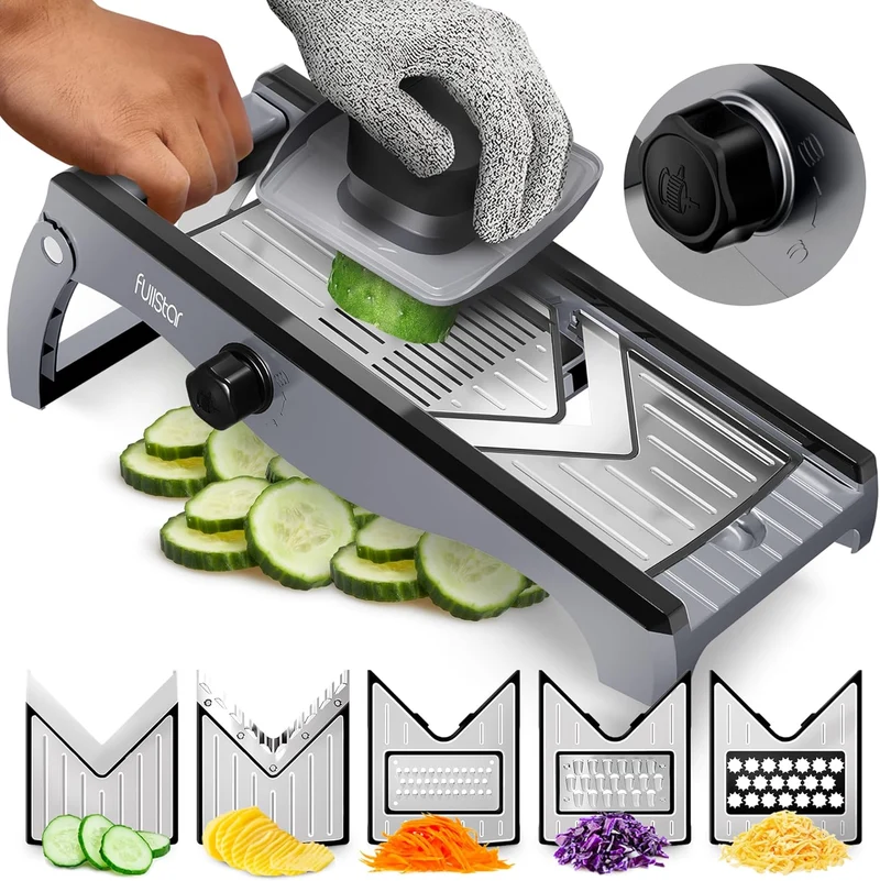 Fullstar Mandoline Slicer for Kitchen – Stainless Steel Vegetable Cutter & Cheese Grater with Adjustable Blades, Safety Glove & Catch Tray Included (7-in-1, Silver)