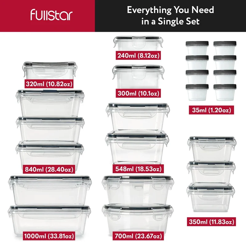 Fullstar 50-Piece Plastic Food Storage Containers with Lids (24 Containers & 24 Lids) - Leakproof, BPA-Free, Meal Prep Containers, Reusable Lunch Storage Set for Kitchen Organization (Pack of 50)