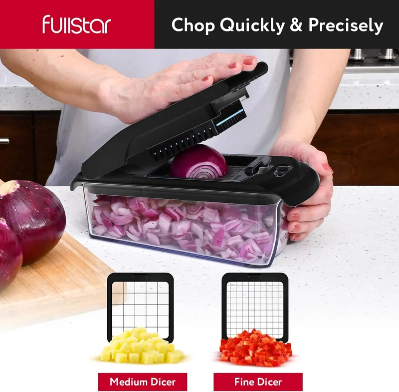 Fullstar Vegetable Chopper and Spiralizer - Food Chopper with Container, Fruit Slicer, Kitchen Gadgets & Accessories, Home Essentials (All in 1, Black)