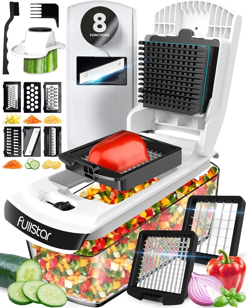 Fullstar Vegetable Chopper and Spiralizer - Food Chopper with Container, Fruit Slicer, Kitchen Gadgets & Accessories, Home Essentials (All in 1, White)