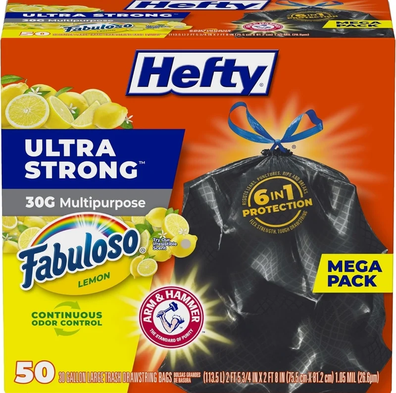 Hefty Ultra Strong 30 Gallon Trash Bags 30 Gallon Size Break Resistant Drawstring Closure (Black) Fabuloso Lemon Scent