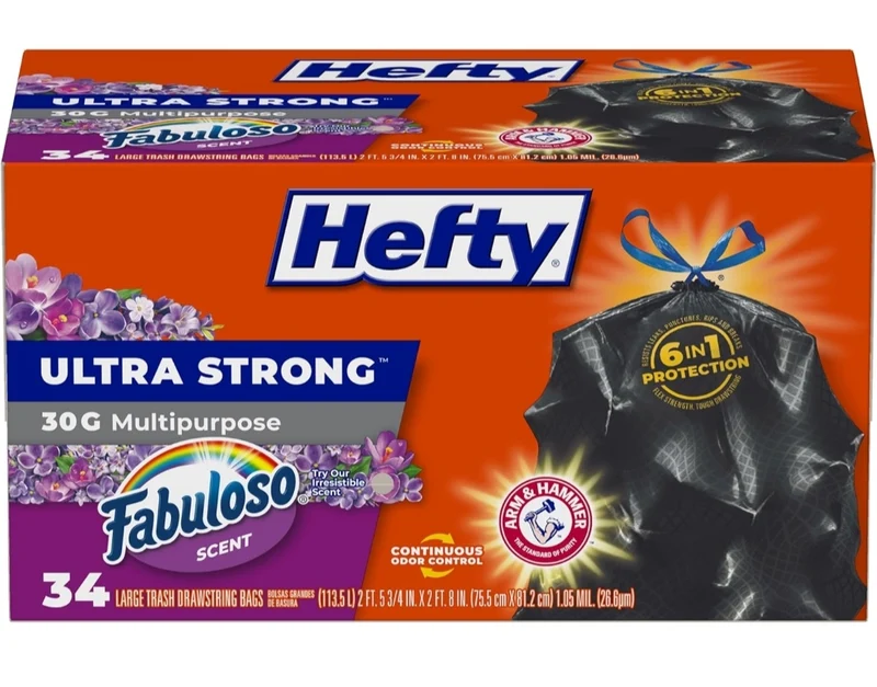 Hefty Ultra Strong 30 Gallon Trash Bags 30 Gallon Size Drawstring Closure (Black) Fabuloso Scent