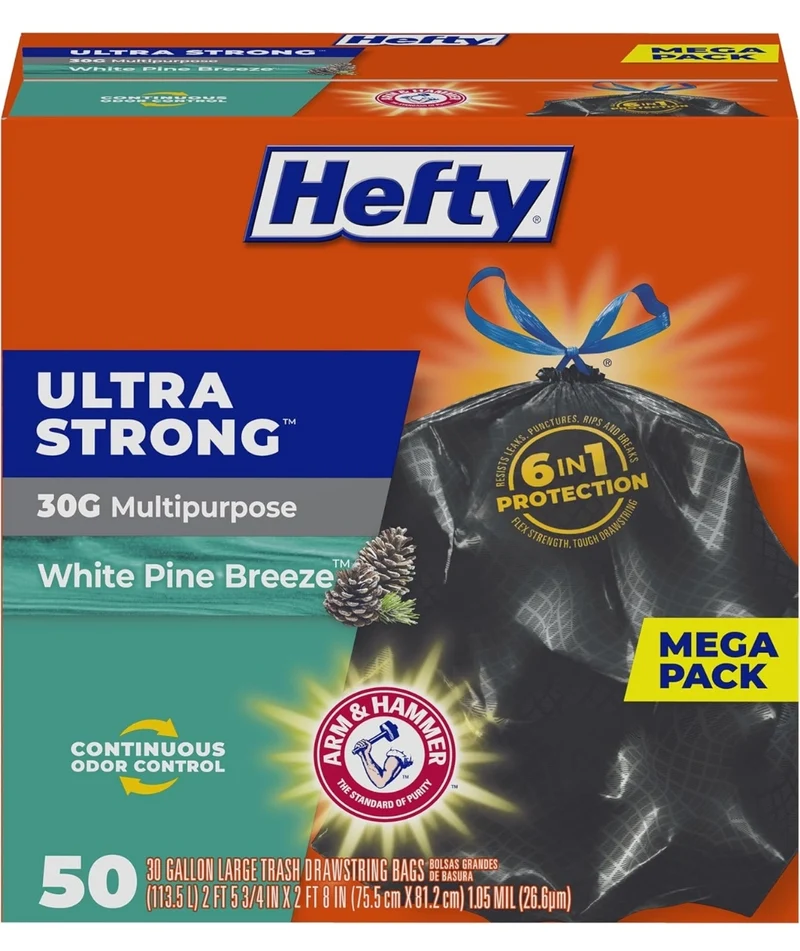 Hefty Ultra Strong 30 Gallon Trash Bags 30 Gallon Size Break Resistant Drawstring Closure (Black) White Pine Breeze Scent