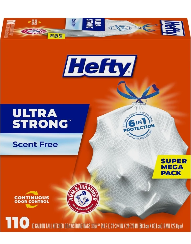 Hefty Ultra Strong 13 Gallon Trash Bags Drawstring Closure, Continuous Odor Control - White/Unscented (110 Bags)