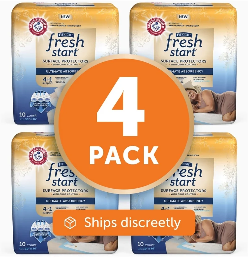 FitRight Fresh Start Disposable Underpads Absorbent w/ Odor-Control Power of ARM & HAMMER (10CT Pack of 4)