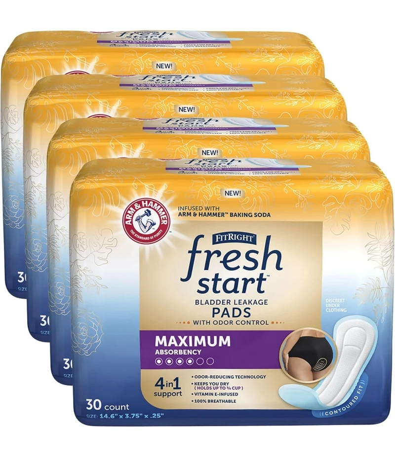 FitRight Fresh Start Postpartum and Incontinence Pads for Women Power of ARM & HAMMER (30CT - Pack of 4)