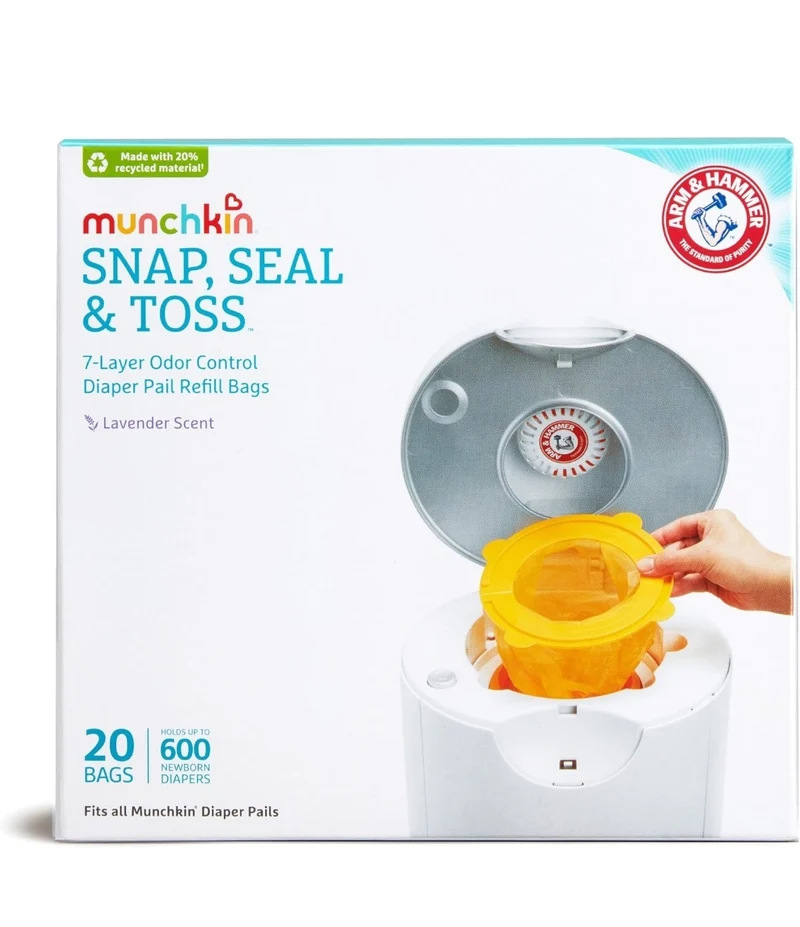 Munchkin Arm & Hammer Diaper Pail Snap, Seal & Toss Refill Bags, Holds up to 600 Newborn Diapers (20 Pack)