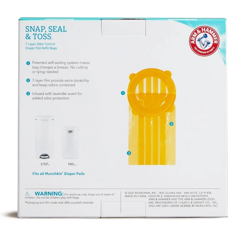 Munchkin Arm & Hammer Diaper Pail Snap, Seal & Toss Refill Bags, Holds up to 600 Newborn Diapers (20 Pack)