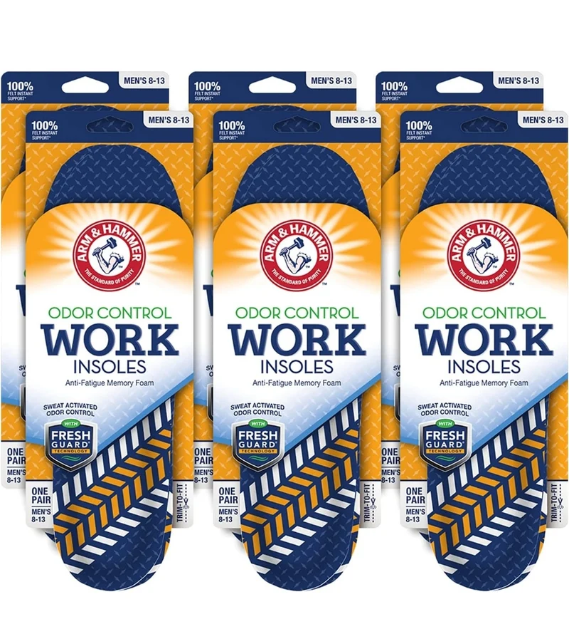Arm & Hammer Anti-Fatigue Memory Foam Odor Insoles Arch Support for Men and Women - 6 Pack