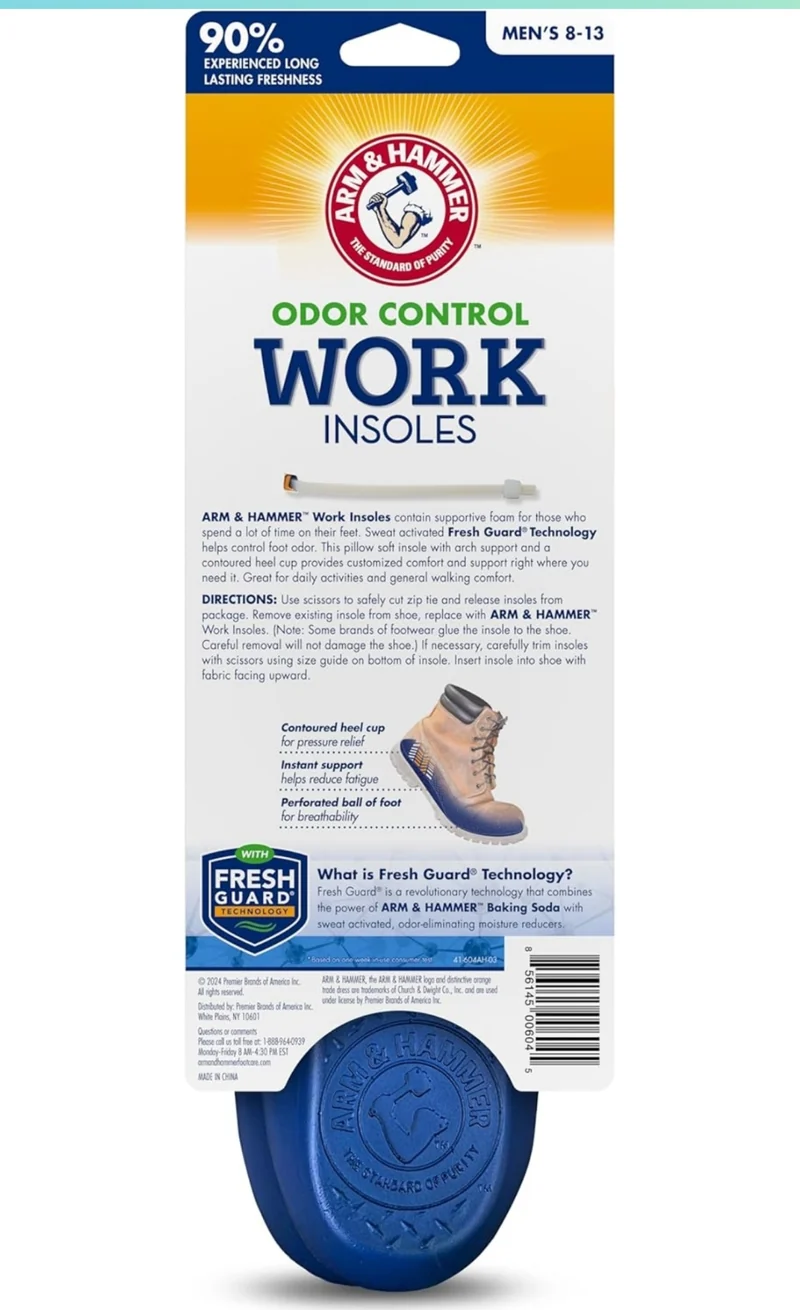 Arm & Hammer Anti-Fatigue Memory Foam Odor Insoles Arch Support for Men and Women - 6 Pack