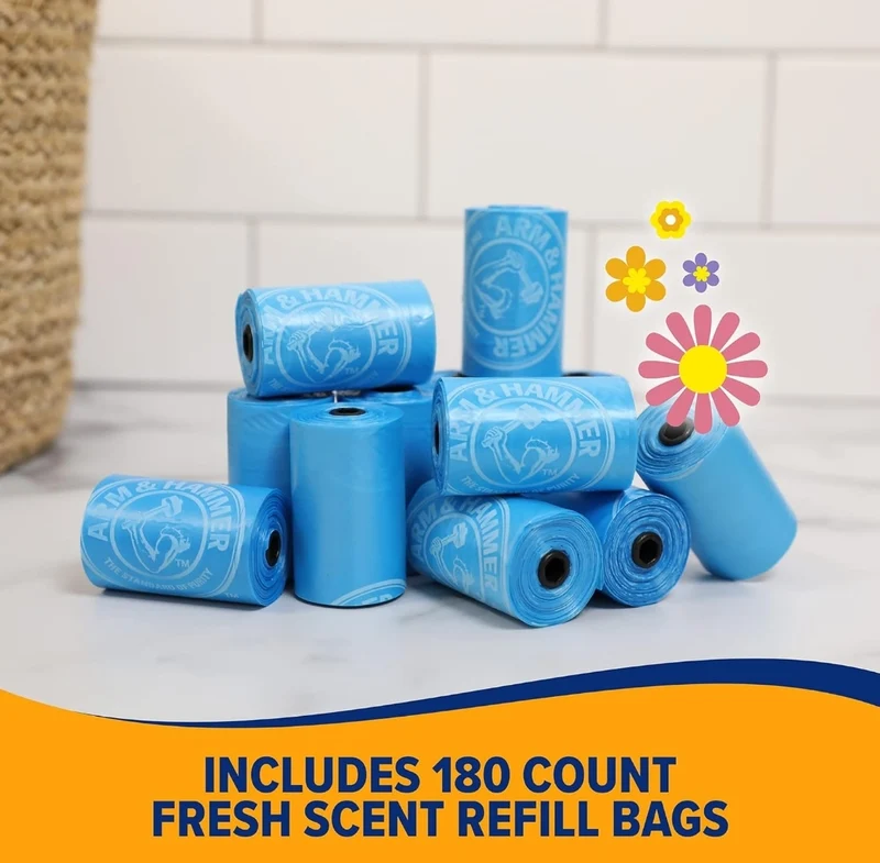 Arm & Hammer Durable Disposable Dog And Cat Waste Bags w/ Activated Baking Soda, 180CT 9 x 14"- Blue (Pack of 2)
