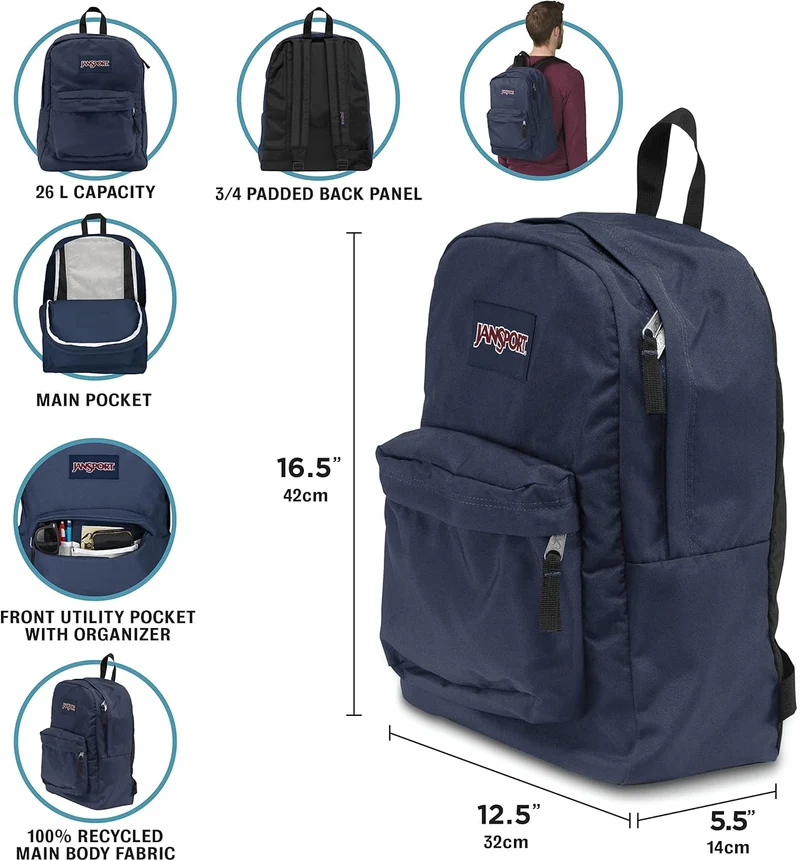 JanSport SuperBreak One Backpack Navy - Durable, Lightweight Bag with 1 Main Compartment, Front Utility Pocket with Built-in Organizer - Premium Backpack