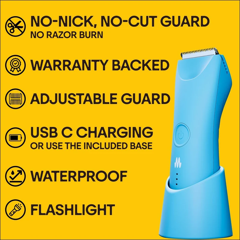 MERIDIAN Trimmer Plus Body Hair Manscaping, Adjustable Guard, USB C Charging, Flash Light, Travel Lock, Charging Dock, Bikini Trimmer, Mens Body Hair - Sky
