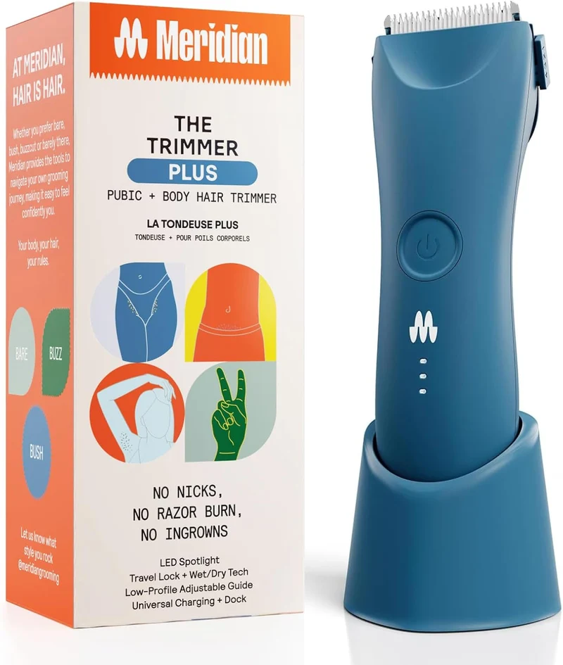 MERIDIAN Trimmer Plus Body Hair Manscaping Trimmer, Adjustable Guard, USB C Charging, Flash Light, Travel Lock, Charging Dock, Bikini Trimmer, Mens Body Hair Trimmer - Ocean
