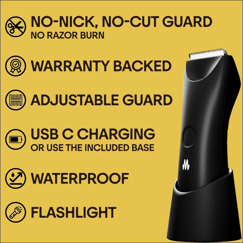 MERIDIAN Trimmer Plus - Body & Bikini Hair Manscaping Trimmer, Adjustable Guard, USB-C Charging, Flash Light, Travel Lock, Onyx