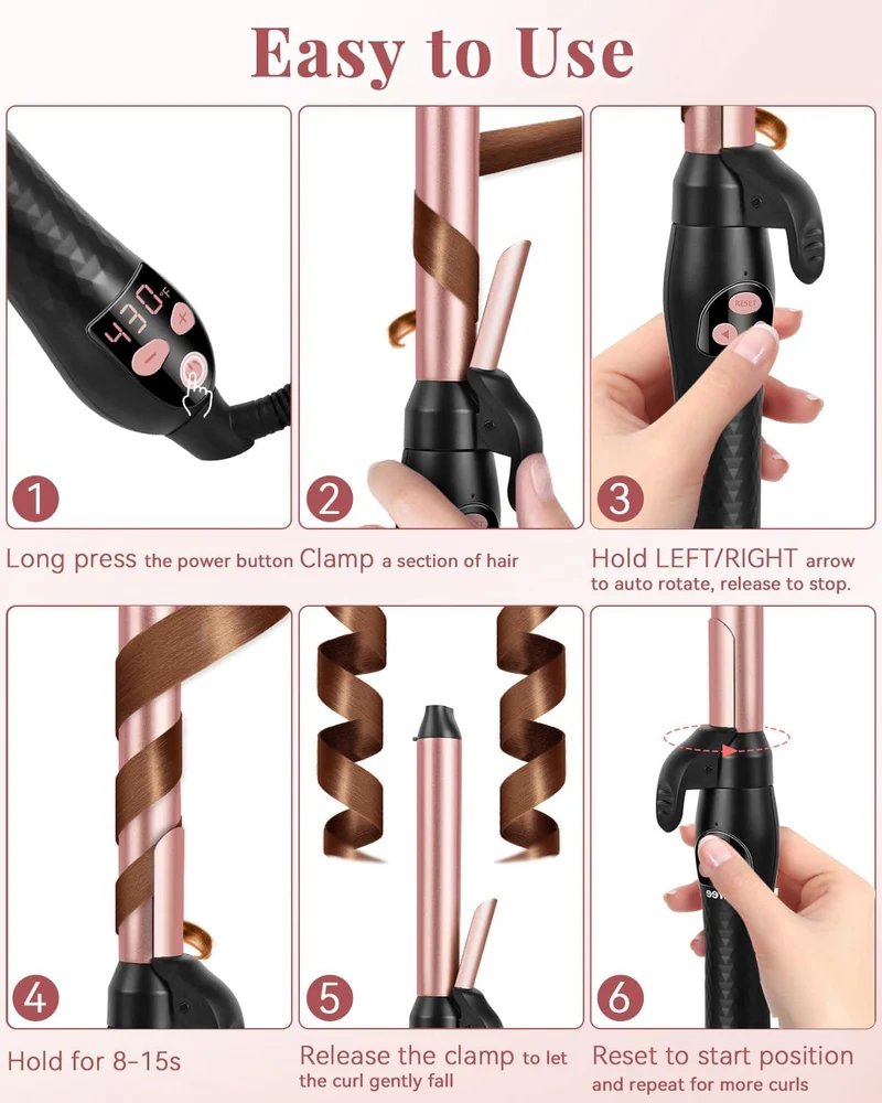 Automatic Rotating Curling Iron – 1 Inch Ceramic Barrel Curling Wand for Medium to Long Hair & Beach Waves, Self-Spinning Hair Curler with LCD Display 250°F–430°F, Dual Voltage, Rose Gold