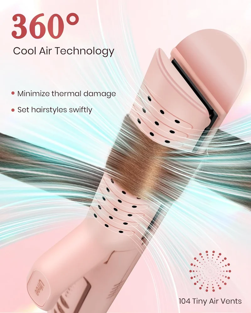 Airflow Curling Iron, 360° Cool 2 in 1 Flat Iron Hair Straightener & Curler for Lasting Curls, 1.25 Inch Curling Wand, 5 Temps for Long & Short Hair, Women Gifts, Anti-Scald