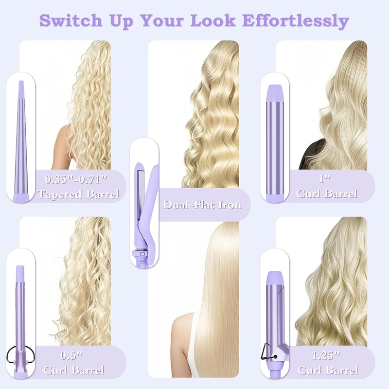 5 in 1 Curling Iron with Interchangeable Ceramic Barrels (0.35"-1.25"), Curling Wand Set with Flat Iron Hair Straightener, Instant Heat Up, Dual Voltage Hair Curler