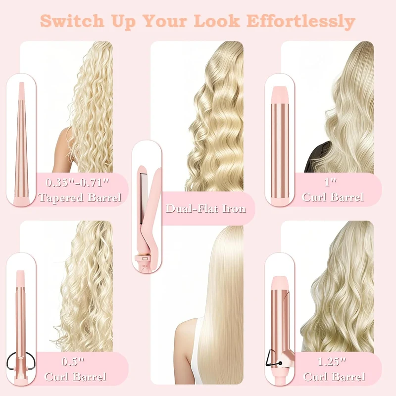 5 in 1 Curling Iron with Ceramic Barrels (0.35"-1.25"), Curling Wand Set with Flat Iron Hair Straightener, Instant Heat Up, Dual Voltage Hair Curler, Gifts for Women, Pink