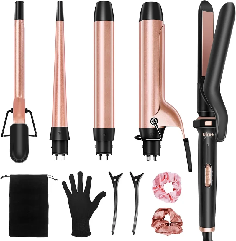 5 in 1 Curling Iron with Interchangeable Ceramic Barrels Wand Set with Flat Iron Hair Straightener, Instant Heat Up, Dual Voltage Hair Curler, Gifts for Women