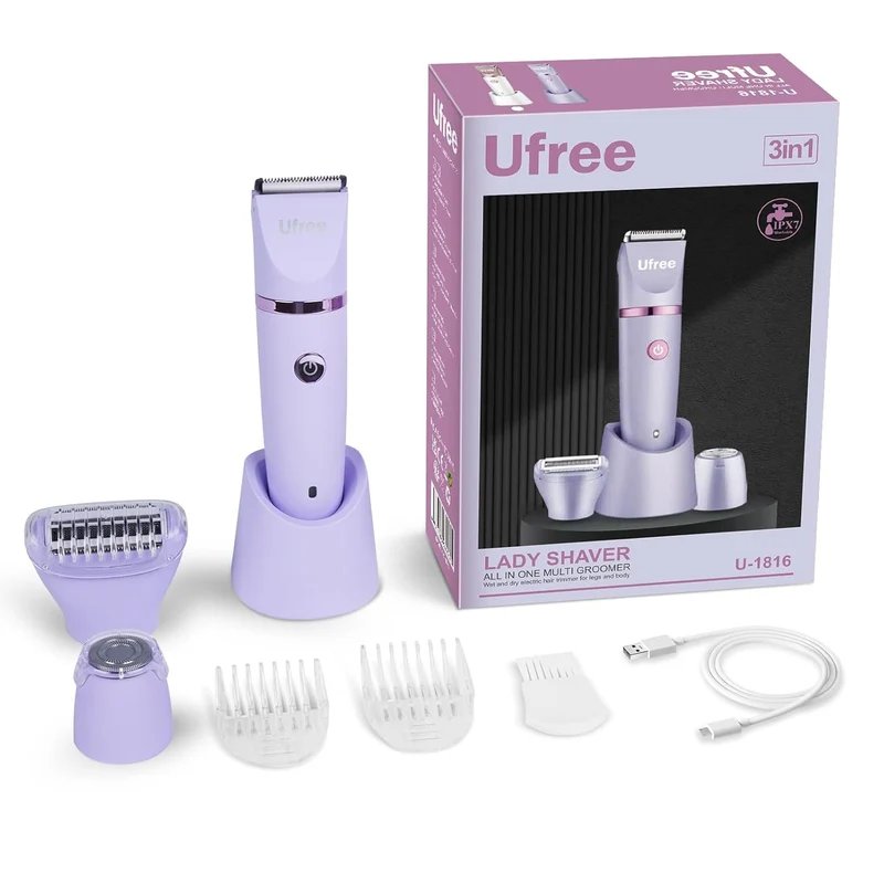 Bikini Trimmer Electric Razors for Women, Rechargeable Pubic Body Hair Trimmer Electric Shaver for Legs Body Hair, Bikini Shaver IPX7 Waterproof, Gifts for Women, Purple