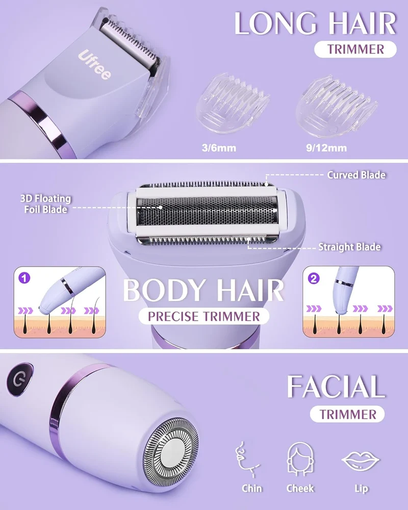 Bikini Trimmer Electric Razors for Women, Rechargeable Pubic Body Hair Trimmer Electric Shaver for Legs Body Hair, Bikini Shaver IPX7 Waterproof, Gifts for Women, Purple