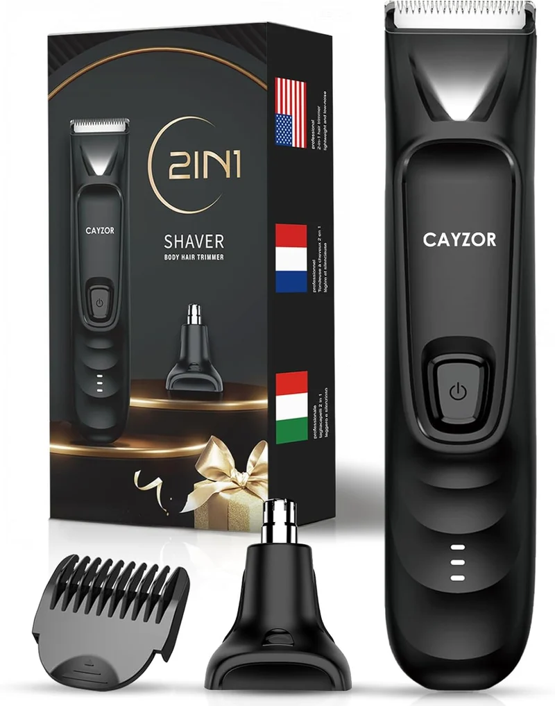2-in-1 Body and Nose Hair Trimmer for Men - Portable Electric Razor for Men and Women, IPX7 Professional Electric Shavers for Ball, Groin, Pubic, Underarm, Nose, Ear, Beard, Head