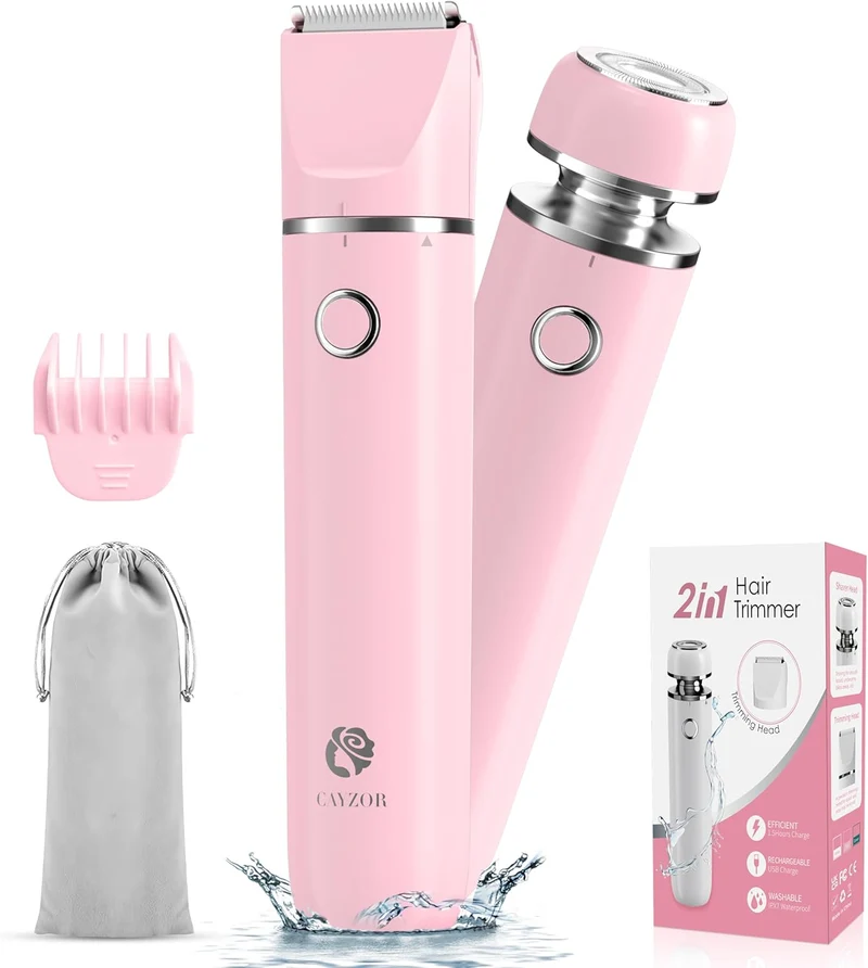 Bikini Trimmer and Shaver Kit - 2-in-1 Wet/Dry Electric Body Hair Trimmer Facial Hair Removal Cordless Waterproof - (Pink)