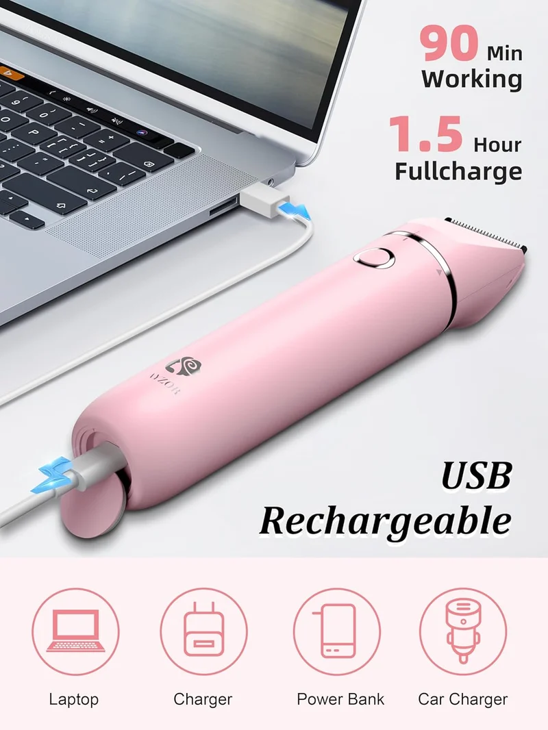 Bikini Trimmer and Shaver Kit - 2-in-1 Wet/Dry Electric Body Hair Trimmer Facial Hair Removal Cordless Waterproof - (Pink)