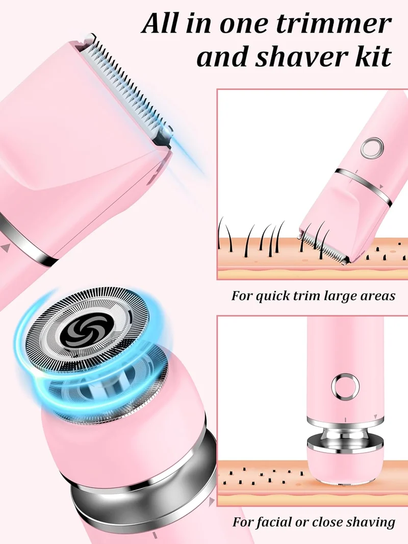 Bikini Trimmer and Shaver Kit - 2-in-1 Wet/Dry Electric Body Hair Trimmer Facial Hair Removal Cordless Waterproof - (Pink)