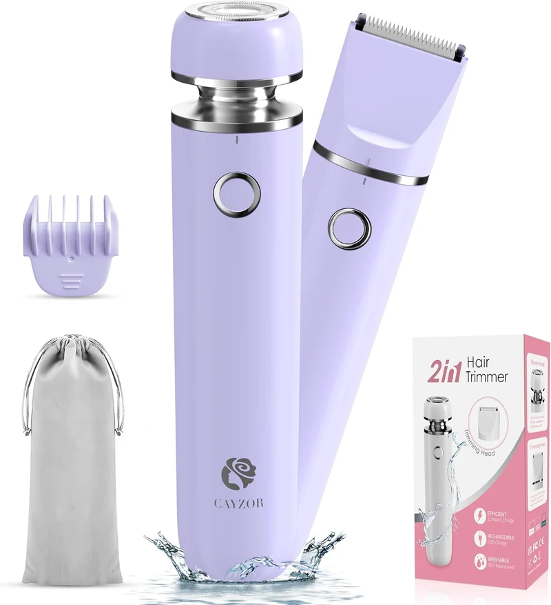Bikini Trimmer and Shaver Kit - 2-in-1 Wet/Dry Electric Body Hair Trimmer Facial Hair Removal Cordless Waterproof (Purple)