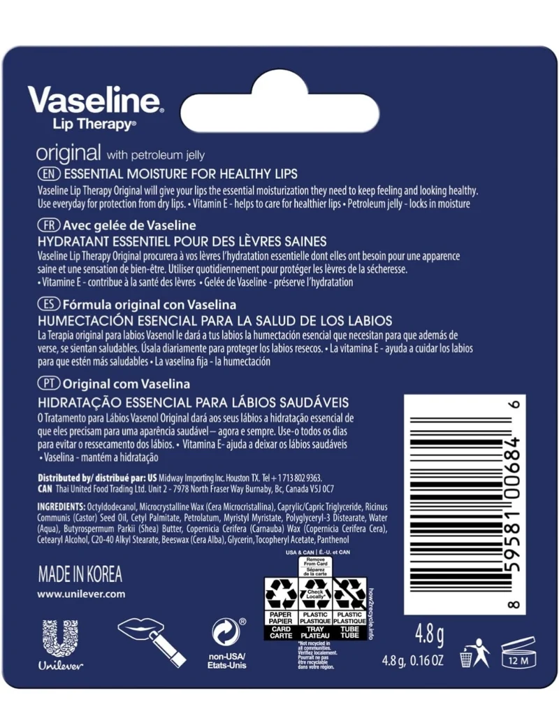 Vaseline Lip Therapy Original 8-Pack – Moisturizing Lip Balm for Very Dry Lips, 0.16 Oz Ea