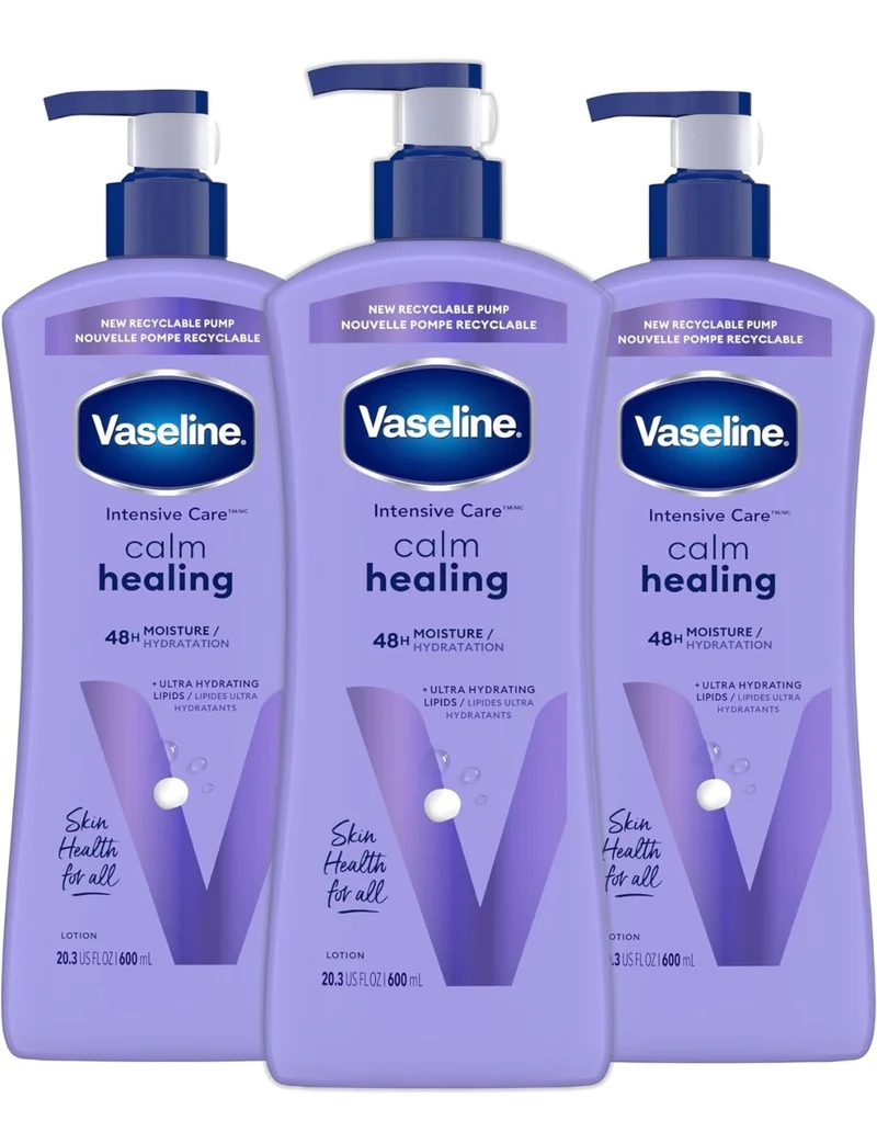 Vaseline Intensive Care Calm Healing Body Lotion 3 count for Dry Skin Made with Ultra-Hydrating Lipids and Lavender Extract to Heal and Restore Dry Skin 20.3 oz