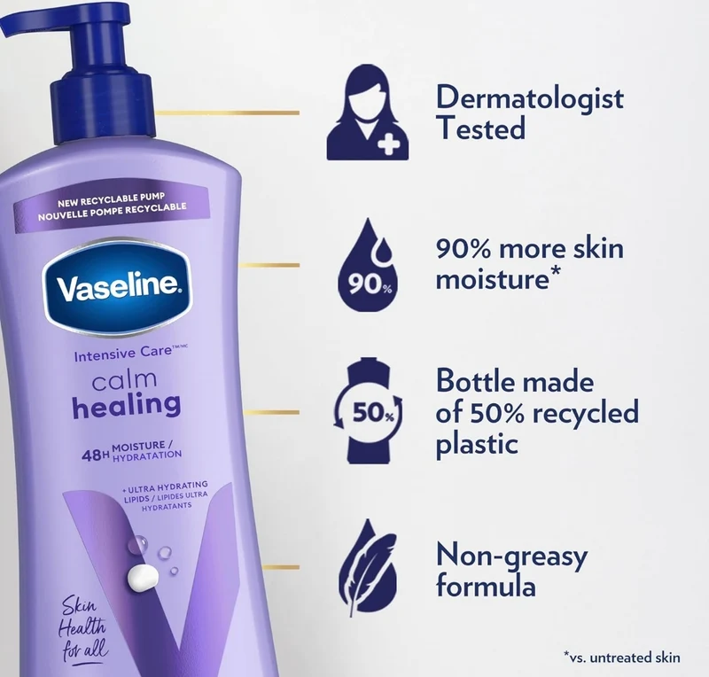 Vaseline Intensive Care Calm Healing Body Lotion 3 count for Dry Skin Made with Ultra-Hydrating Lipids and Lavender Extract to Heal and Restore Dry Skin 20.3 oz