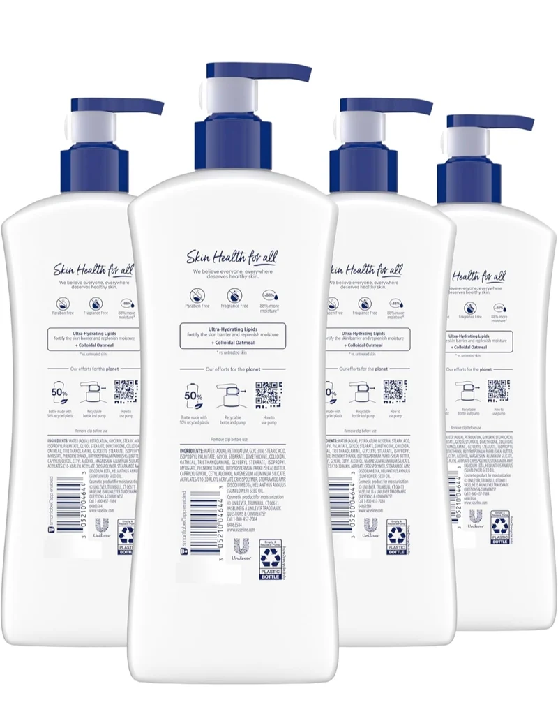 Vaseline Intensive Care Body Lotion 4 Pack Sensitive Skin Relief For Dry Skin With Colloidal Oatmeal and Ultra-Hydrating Lipids 20.3 oz