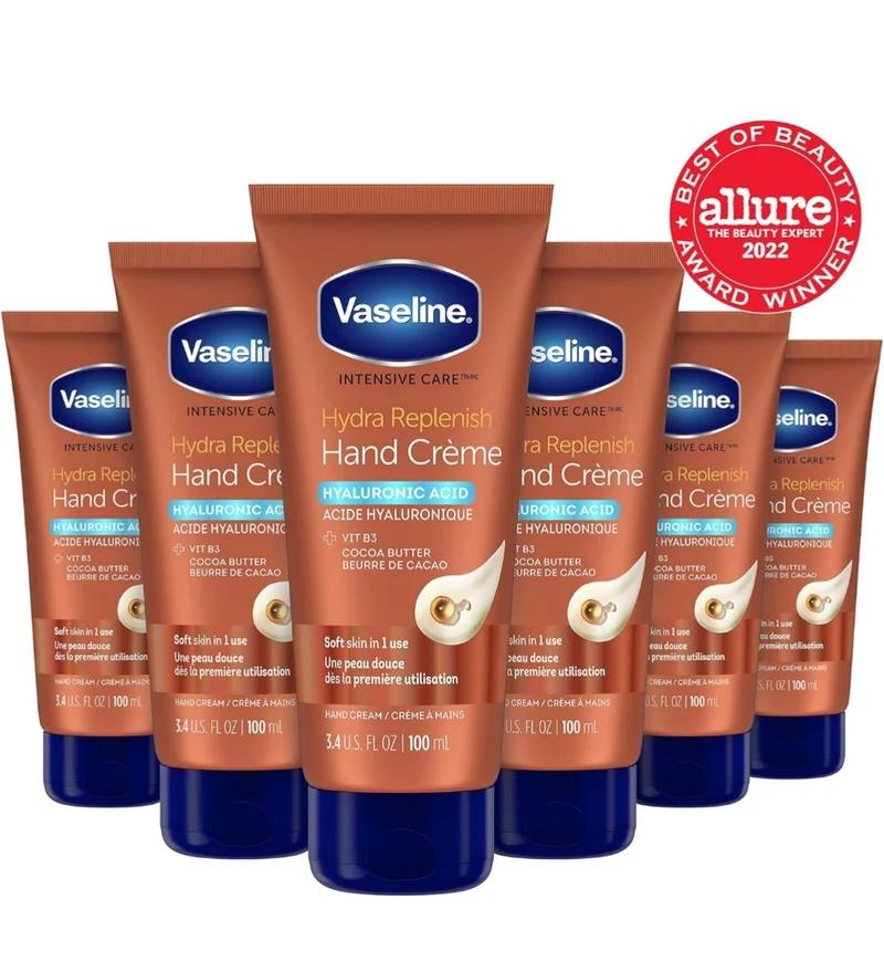 Vaseline Intensive Care Hand Crème Moisturizer for Dry Hands Hydra Replenish Made with hyaluronic acid, vitamin B3, and cocoa butter 3.4 oz 6 Count