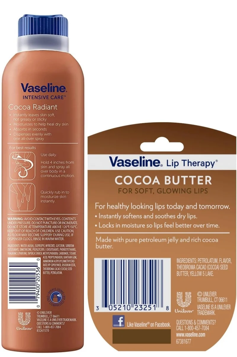 Vaseline Cocoa Radiant Spray Body Lotion 2-Pack + Mini Lip Therapy for Soft, Glowing Skin & Lips