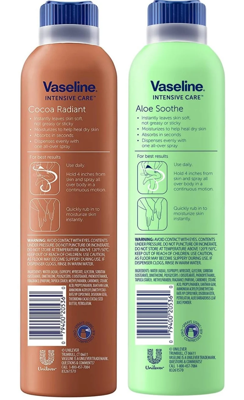 Vaseline Cocoa Radiant Spray + Aloe Soothe Spray Variety 2-Pack – Non-Greasy, Fast-Absorbing All-Over Moisturizer for Dry Skin, 6.5 Oz Ea