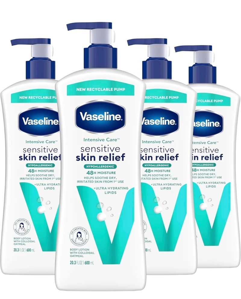 Vaseline Intensive Care Body Lotion 4 Pack Sensitive Skin Relief For Dry Skin With Colloidal Oatmeal and Ultra-Hydrating Lipids 20.3 oz