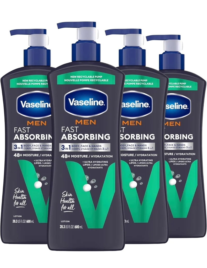 Vaseline Men Fast Absorbing 3-in-1 Face, Hands & Body Lotion for Men, 4 pack For Dry Skin,Absorbs in Just 15 Seconds for Moisturized Skin 20.3 Oz