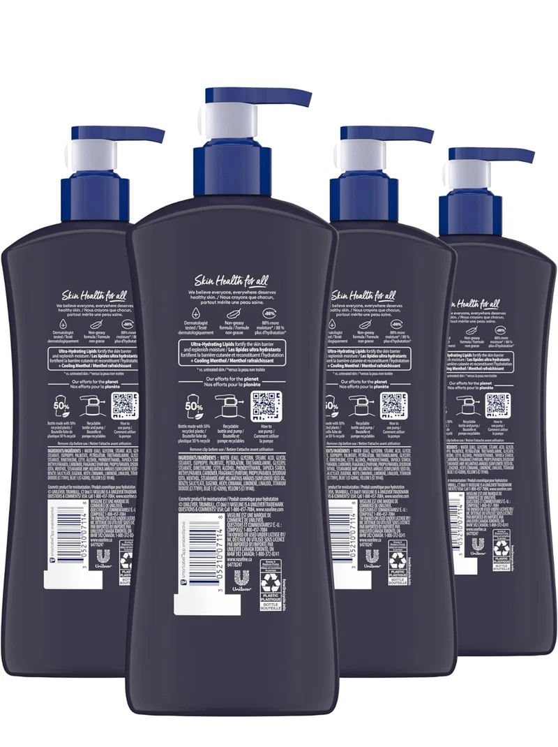 Vaseline Men Cooling Hydration 3-in-1 4 Pack for Dry Skin Face, Hands & Body Lotion for Men with Menthol & Ultra-Hydrating Lipids 20.3 oz