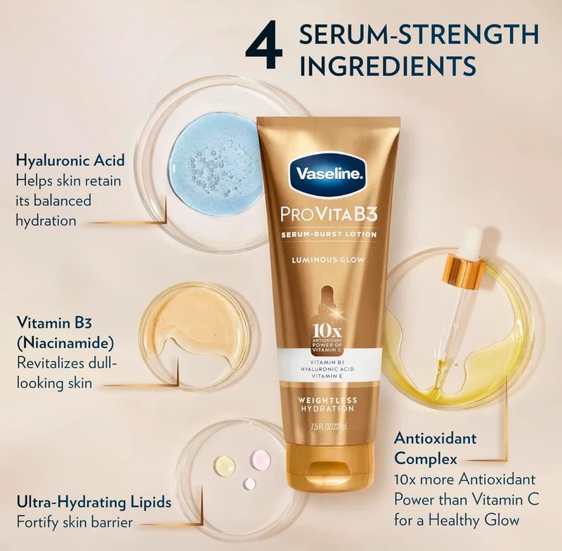 Vaseline Pro VitaB3 Skin Care Serum Burst for Healthy, Glowing Skin Luminous Glow & Supple & Soft 10x Antioxidant Power of Vitamin C with Vitamin B3, Hyaluronic Acid 7.5 fl oz 2Pk