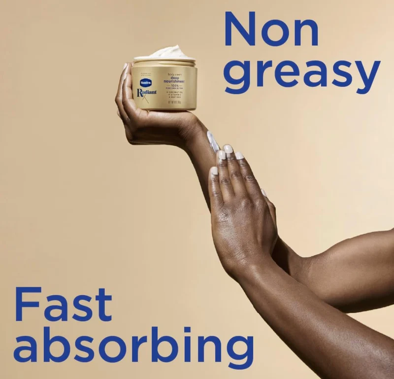 Vaseline Radiant X Deep Nourishment Body Cream 100% Pure Shea Butter, Coconut Oil, Vitamin C, & Peptides 10 oz
