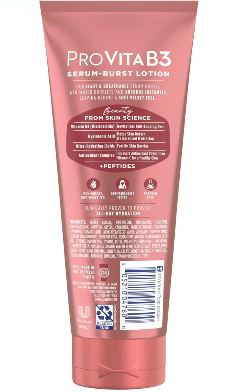 Vaseline Pro VitaB3 Serum Burst Lotion Supple & Soft Healthy, Hydrated Skin, Lightweight 10x Antioxidant Power of Vitamin C with Vitamin B3, Hyaluronic Acid & Peptides, 7.5 fl oz