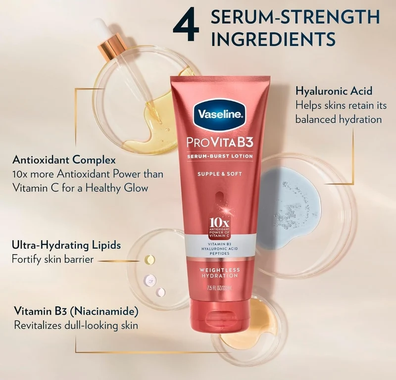 Vaseline Pro VitaB3 Serum Burst Lotion Supple & Soft Healthy, Hydrated Skin, Lightweight 10x Antioxidant Power of Vitamin C with Vitamin B3, Hyaluronic Acid & Peptides, 7.5 fl oz