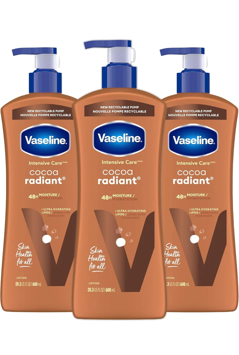 Vaseline Intensive Care Body Lotion Cocoa Radiant 3 count for Dry Skin Lotion Made with Ultra-Hydrating Lipids and Pure Cocoa Butter for a Long-Lasting, Radiant Glow 20.3 Oz
