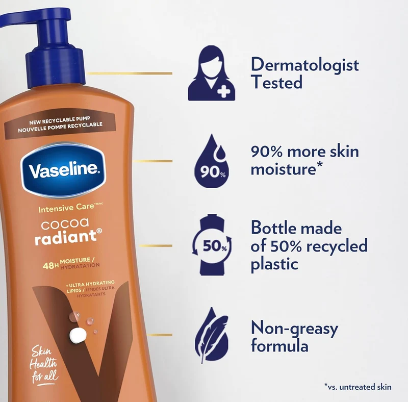Vaseline Intensive Care Body Lotion Cocoa Radiant 3 count for Dry Skin Lotion Made with Ultra-Hydrating Lipids and Pure Cocoa Butter for a Long-Lasting, Radiant Glow 20.3 Oz