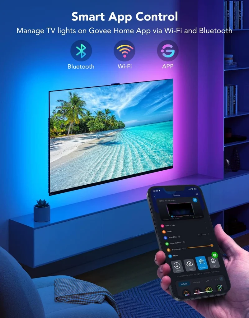 Govee TV LED Backlight, RGBIC Smart LED Strip Lights for 55-65 Inch TVs, Bluetooth and Wi-Fi APP Control, Works with Alexa & Google Assistant, Music Sync, 99+ Scene Modes, Adapter