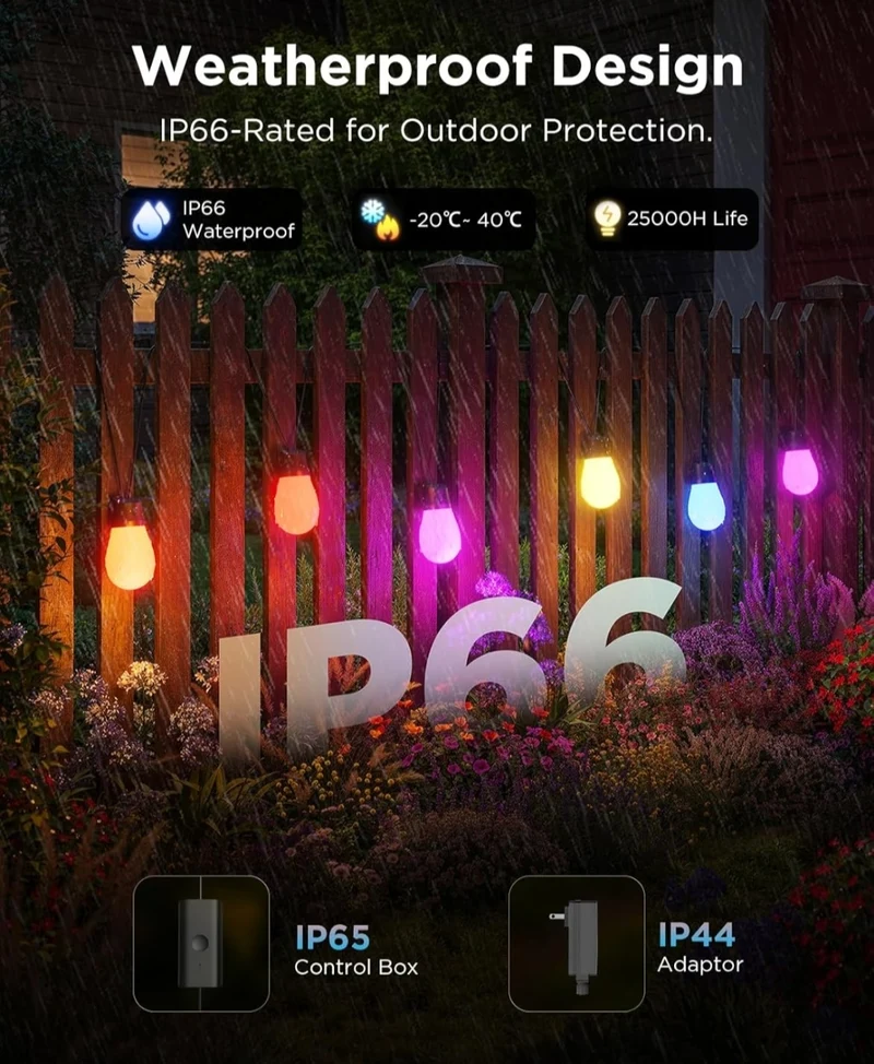Govee Outdoor S14 Bulb String Lights 2, 48ft Smart RGBIC Warm White Patio Lights with 15 LED Bulbs, 111 Scene Modes for Outdoor Decor, Works with Alexa, Google, Matter, APP Control, IP66 Waterproof