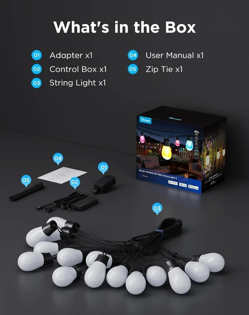 Govee Outdoor S14 Bulb String Lights 2, 48ft Smart RGBIC Warm White Patio Lights with 15 LED Bulbs, 111 Scene Modes for Outdoor Decor, Works with Alexa, Google, Matter, APP Control, IP66 Waterproof